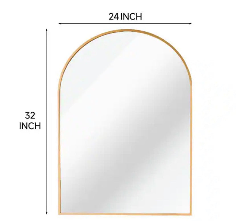24 in. W x 32 in. H Arched Metal Framed Wall Bathroom Vanity Mirror Gold