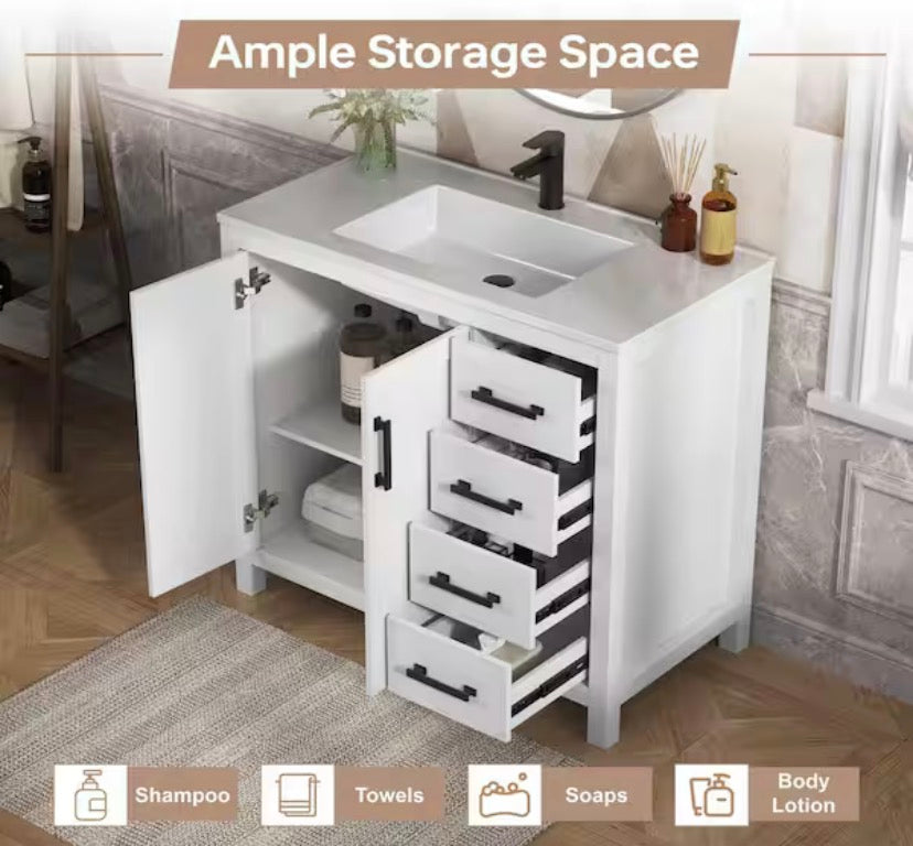 Raven 37 in. Single Sink White Bath Vanity with White Engineered Solid Surface Top and 4 Drawers (Unassembled)