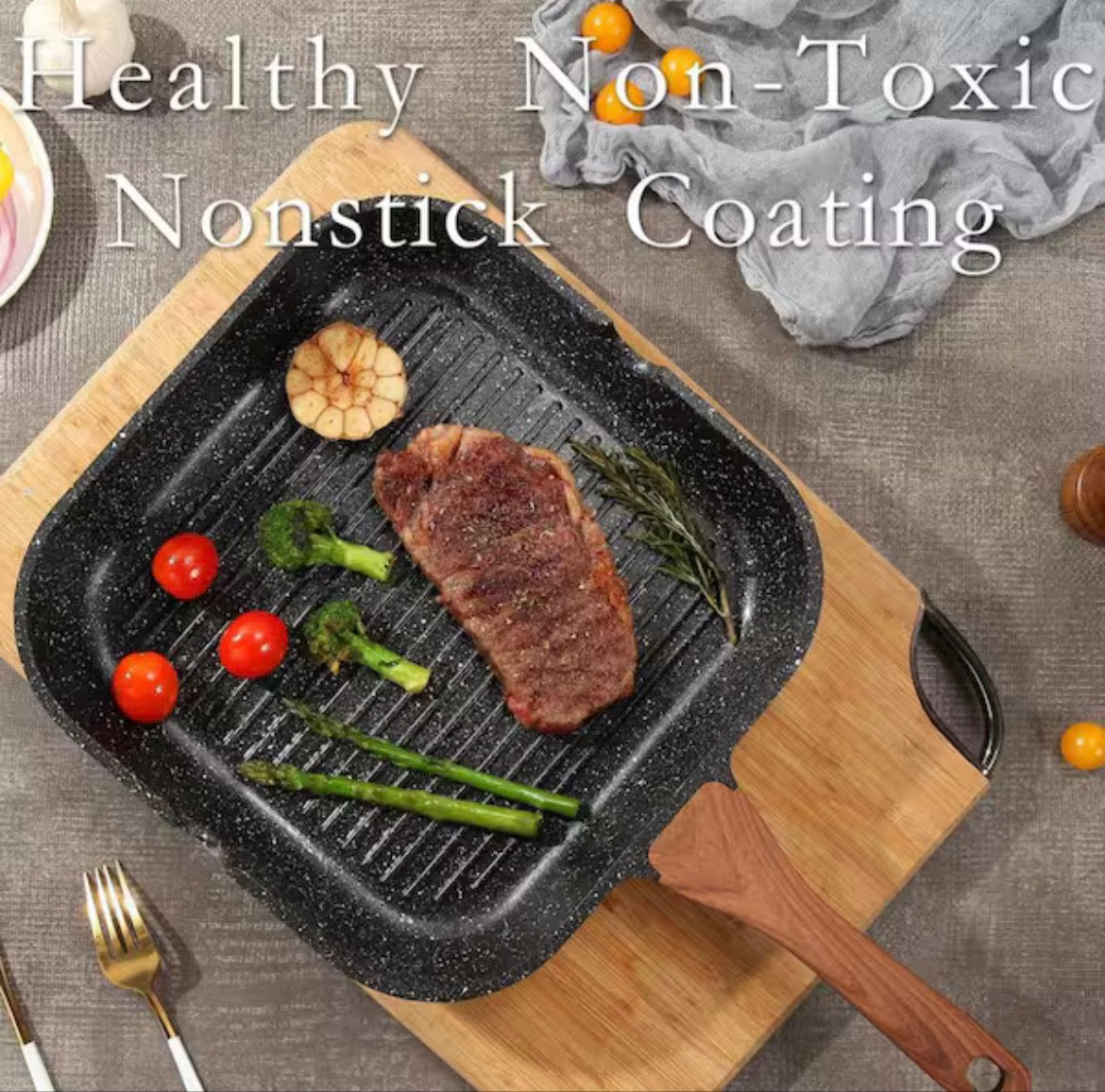 3-Piece 11 in. Black Non-Stick Steel Grill Pan Set with Lid and Tong, Square Grilling Skillet Steak Pan for Stove Tops