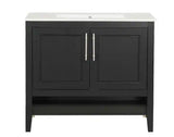 36 in. W Single Sink Bath Vanity in Black with White Ceramic Top, Open Shelf