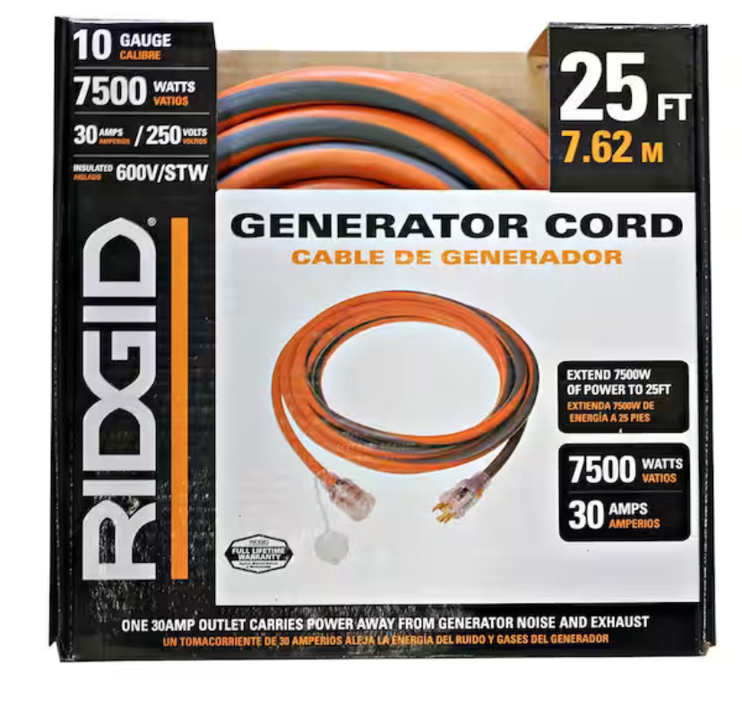 25 ft. 10/4 Heavy Duty Outdoor L14-30 Amp Generator Extension Cord with Lighted End, Orange/Grey