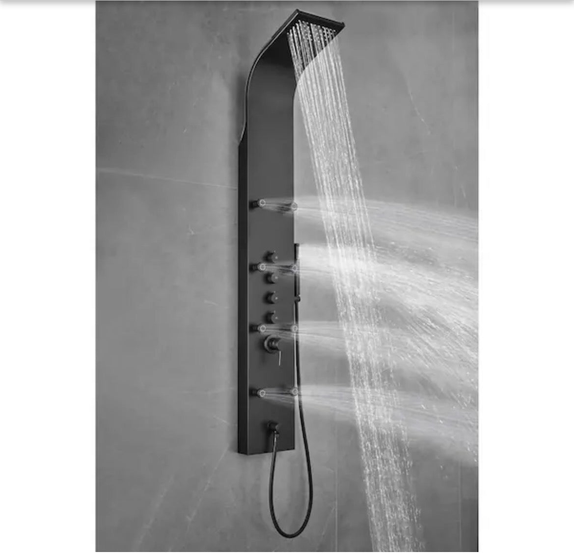 65 in. 8-Jet Rainfall Shower Panel System with Waterfall Shower Head and Shower Wand in Black Painted Stainless Steel