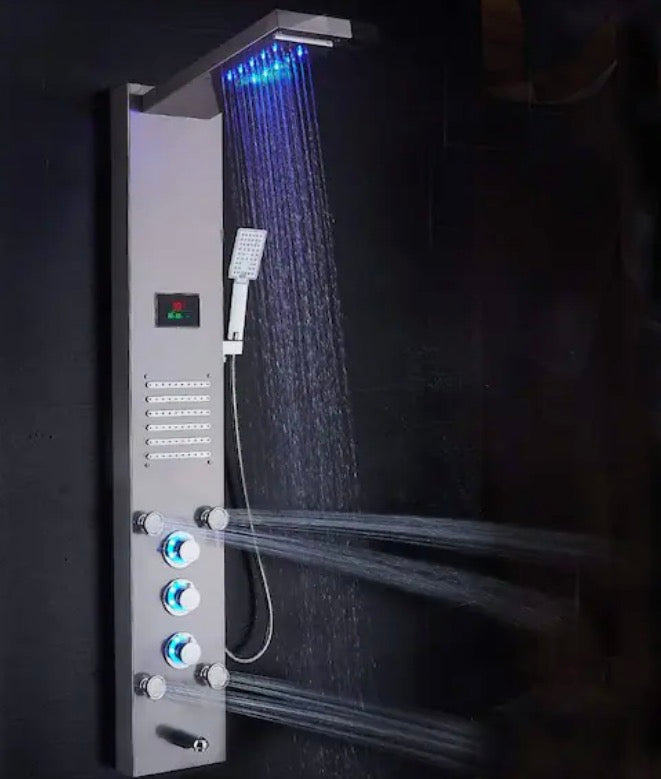 50 in. 10-Jet Shower Panel System in Brushed Nickel with LED Rainfall Waterfall Shower Head Hand shower and Tub Spout