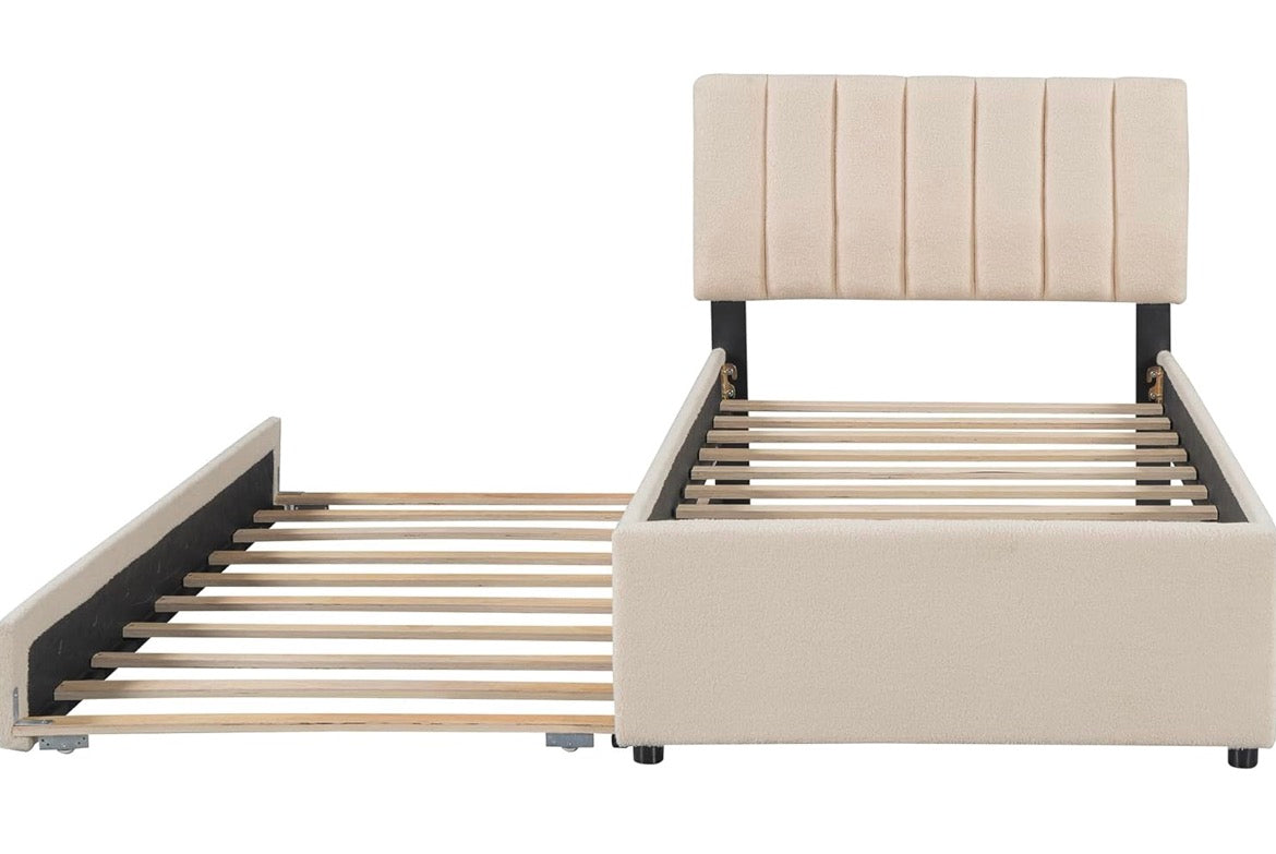 Teddy Fleece Twin Size Upholstered Platform Bed with Trundle, Remote-Control LED Lights, Solid Frame & Extra Sleeping Space (Beige, Twin)