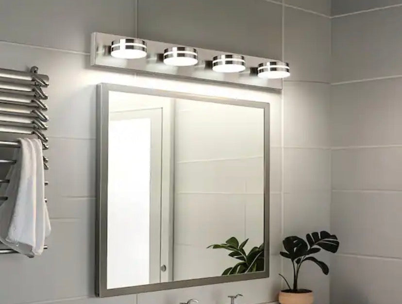 30 in. 4-Light Nickel LED Vanity Light with Dimmable 5500K Light and 270° Swivel Range Acrylic Lampshade