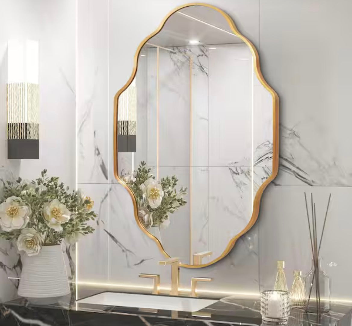 24 in. W x 36 in. H Scalloped Gold Aluminum Alloy Framed Wall Mirror Irregular Decor Mirror for Living Room, Bathroom