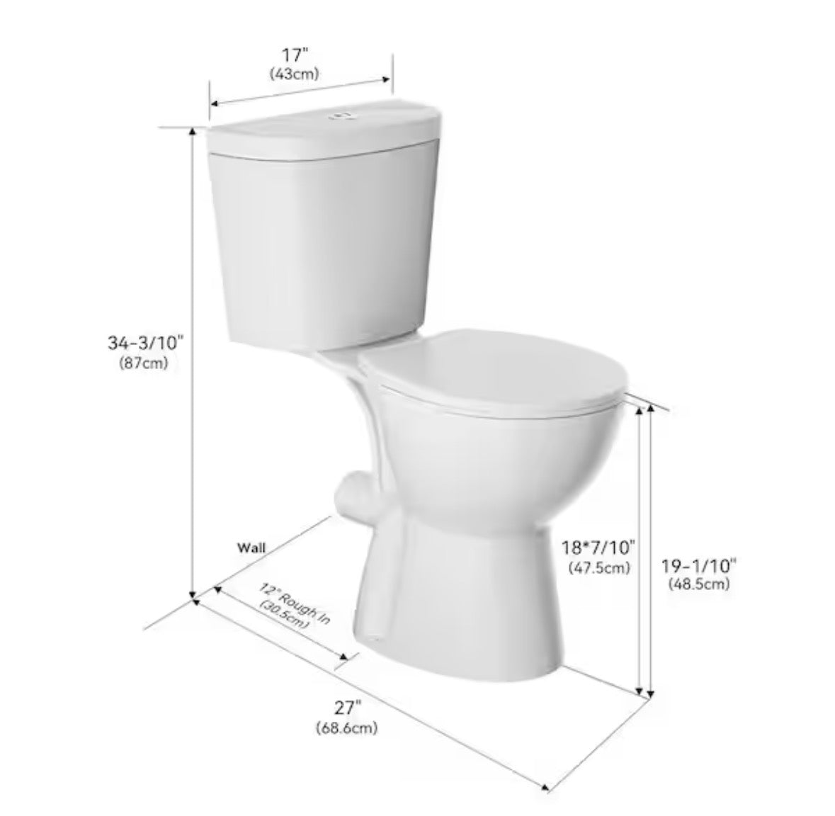 Rear Outlet 2 Piece 1/1.6 GPF Dual Flush Round Toilet in White Soft Closing Seat Included, 19 in Tall Toilet