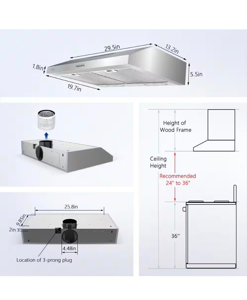 30 in. 600 CFM Convertible Ductless Under Cabinet Range Hood With 3 Speed Exhaust Fan and 2 LED Lights, Stainless Steel
