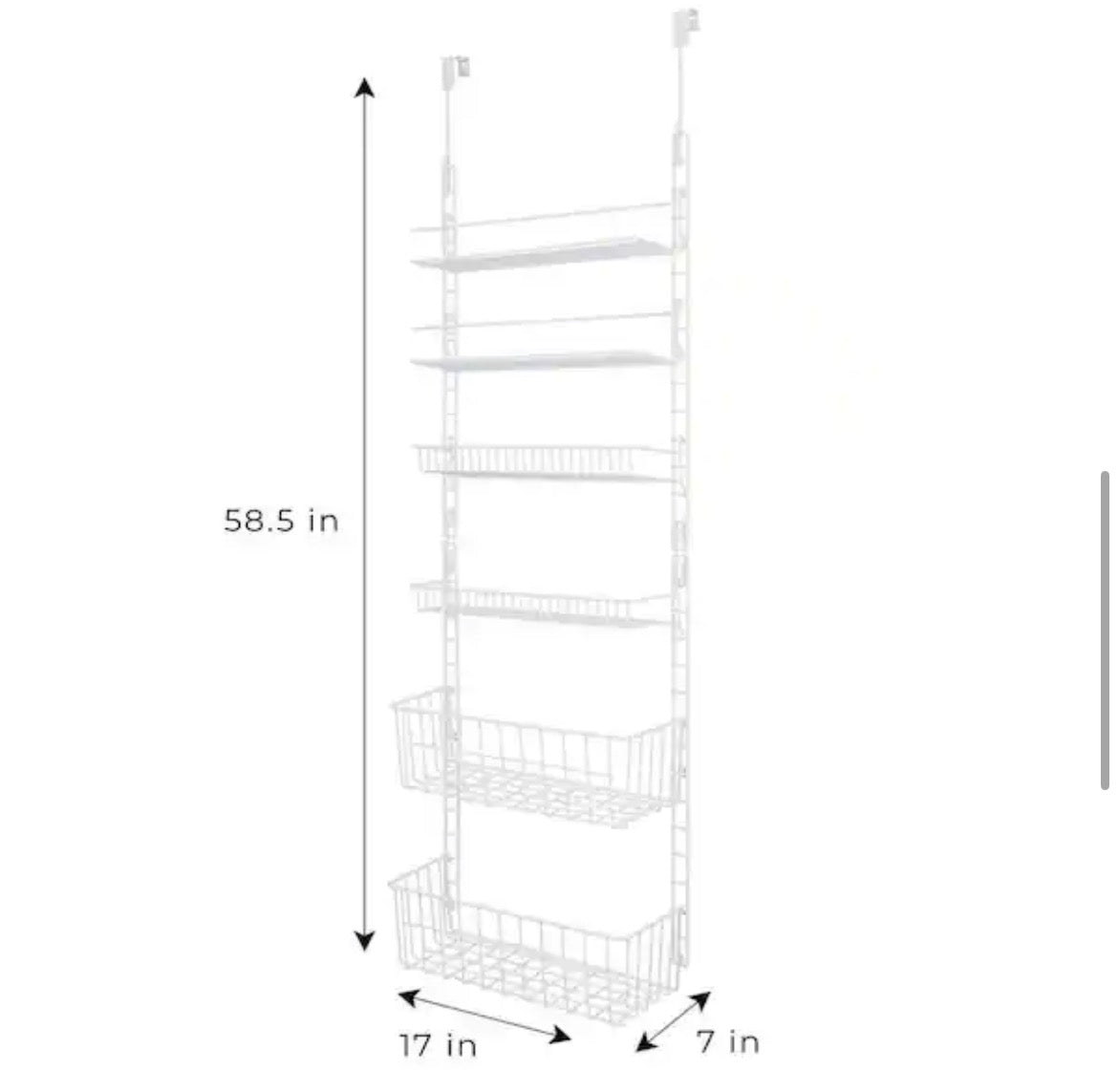Over the Door Pantry Organizer Rack with 6-Adjustable Shelves-Steel Metal Wire Frame and Baskets-White