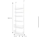 Over the Door Pantry Organizer Rack with 6-Adjustable Shelves-Steel Metal Wire Frame and Baskets-White