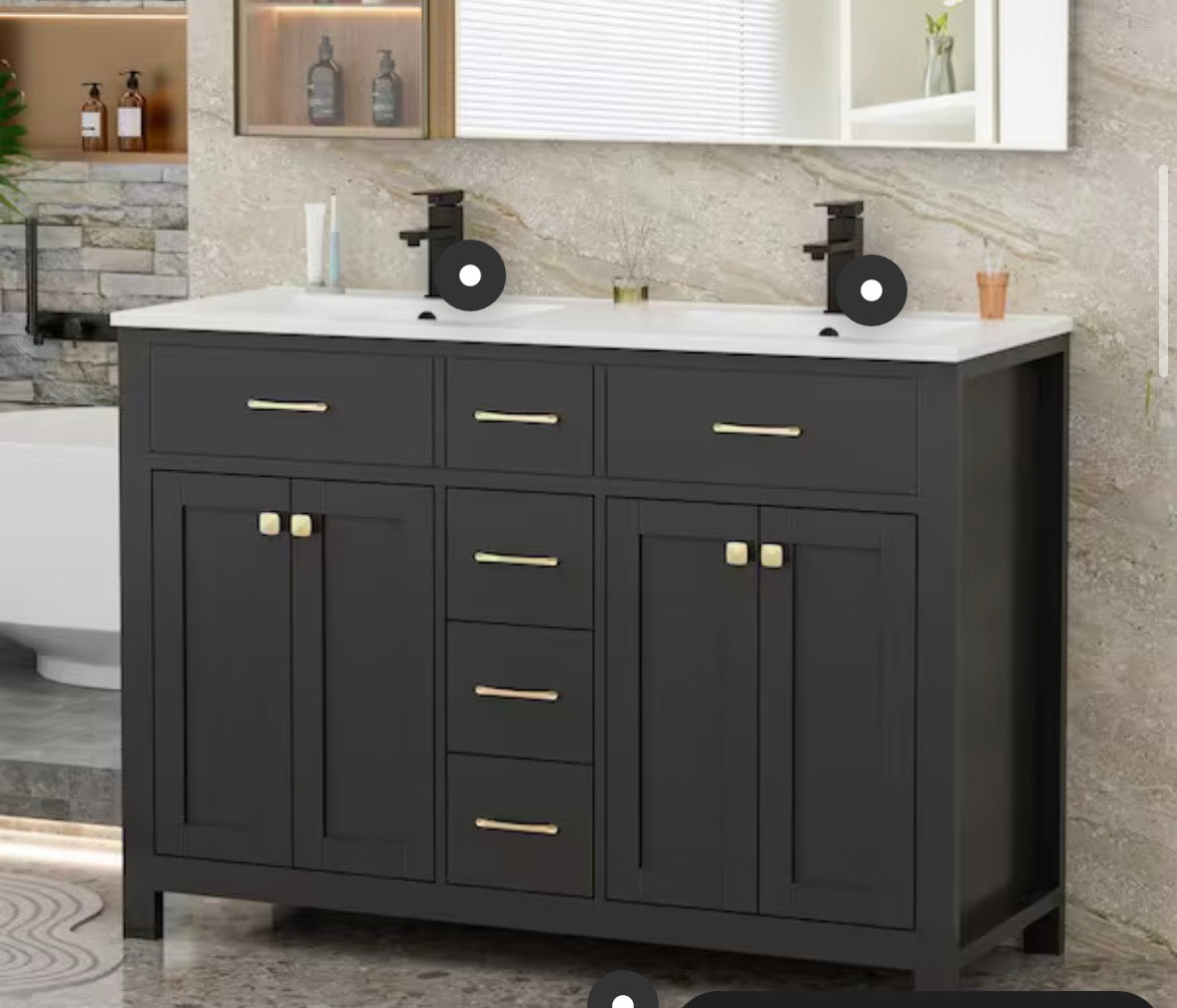 48 in. W x 18 in. D x 34 in. H 2-Sink Freestanding Bath Vanity in Black with White SMC Resin Top and Drain Faucet Set