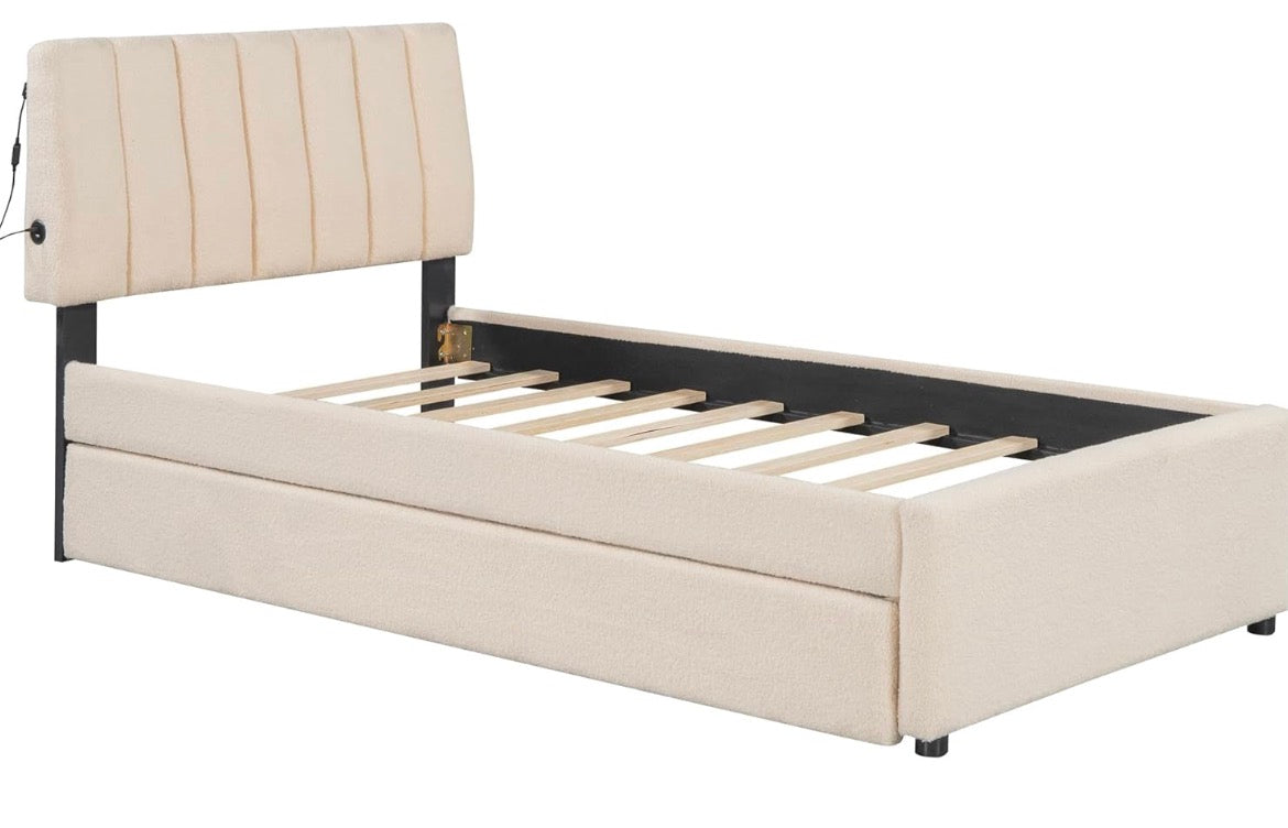 Teddy Fleece Twin Size Upholstered Platform Bed with Trundle, Remote-Control LED Lights, Solid Frame & Extra Sleeping Space (Beige, Twin)