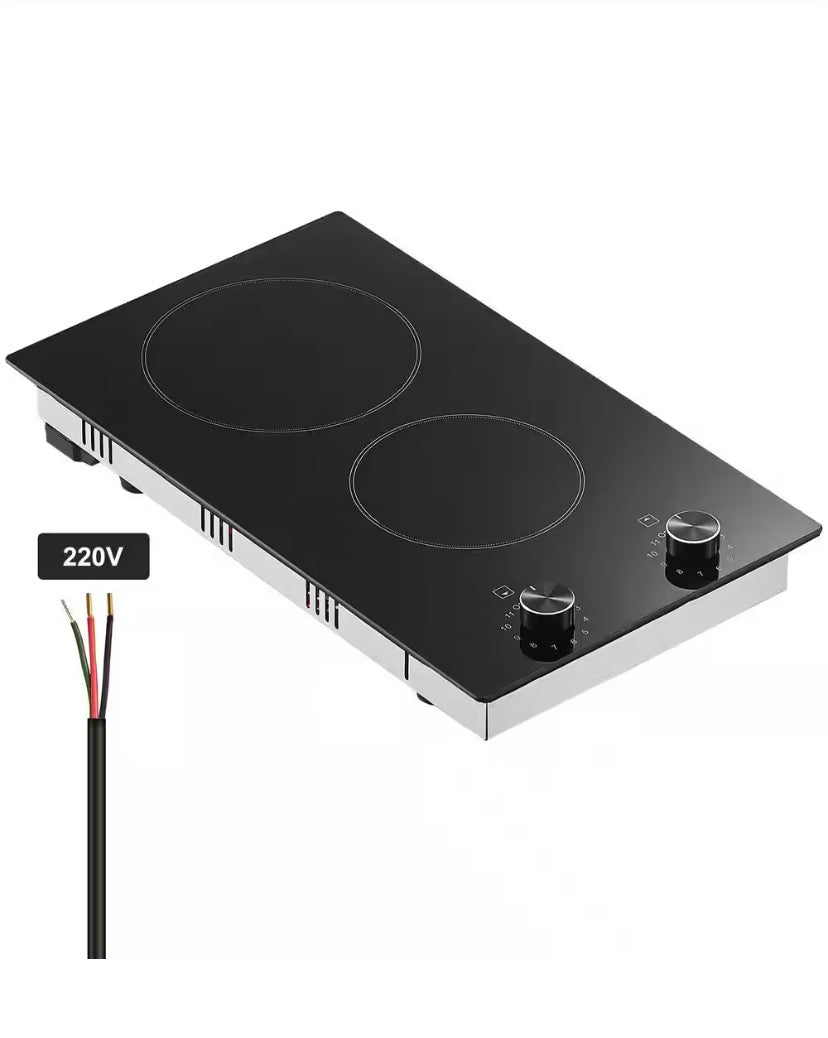 Electric Cooktop, 12 in. 2 Burners Built-in Electric Stove Top, 3000 W Ceramic Top Radiant Cooktop, with Glass Panel