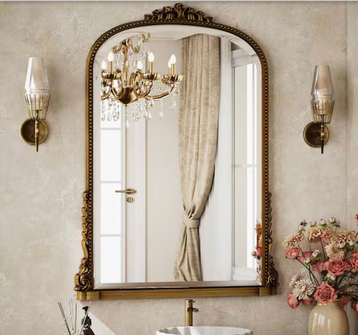 Antique Gold 28 in. W x 40 in. H Arched Modern Polyurethane Framed with Decoration Antique Vanity Mirror Wall Mirror