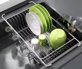 Expandable Stainless Steel Over, In Sink Dish Rack, 304 Rust-Proof with Non-Slip Rubber Sleeves, Hollow Drainage, Silver
