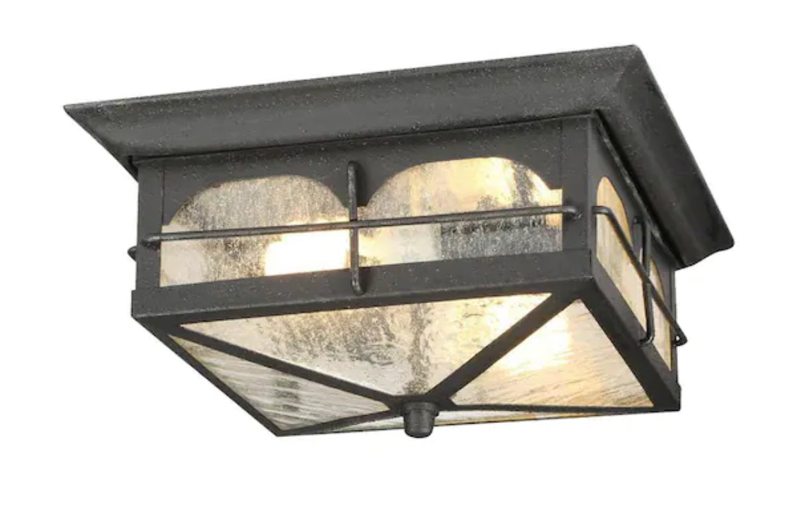 Brimfield 11 in. 2 Light Aged Iron Outdoor Weather Resistant Flush Mount Ceiling Light with Clear Seedy Glass Shade