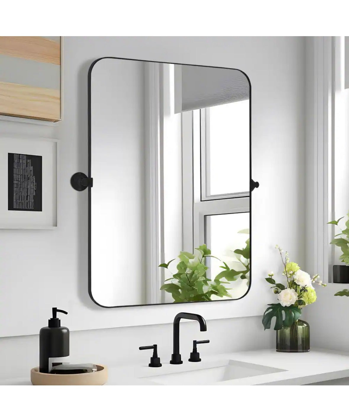 24 in. W x 31.5 in. H Modern Rectangle Metal Framed Black Pivoted Wall Vanity Mirror With Rounded Corners