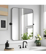 24 in. W x 31.5 in. H Modern Rectangle Metal Framed Black Pivoted Wall Vanity Mirror With Rounded Corners