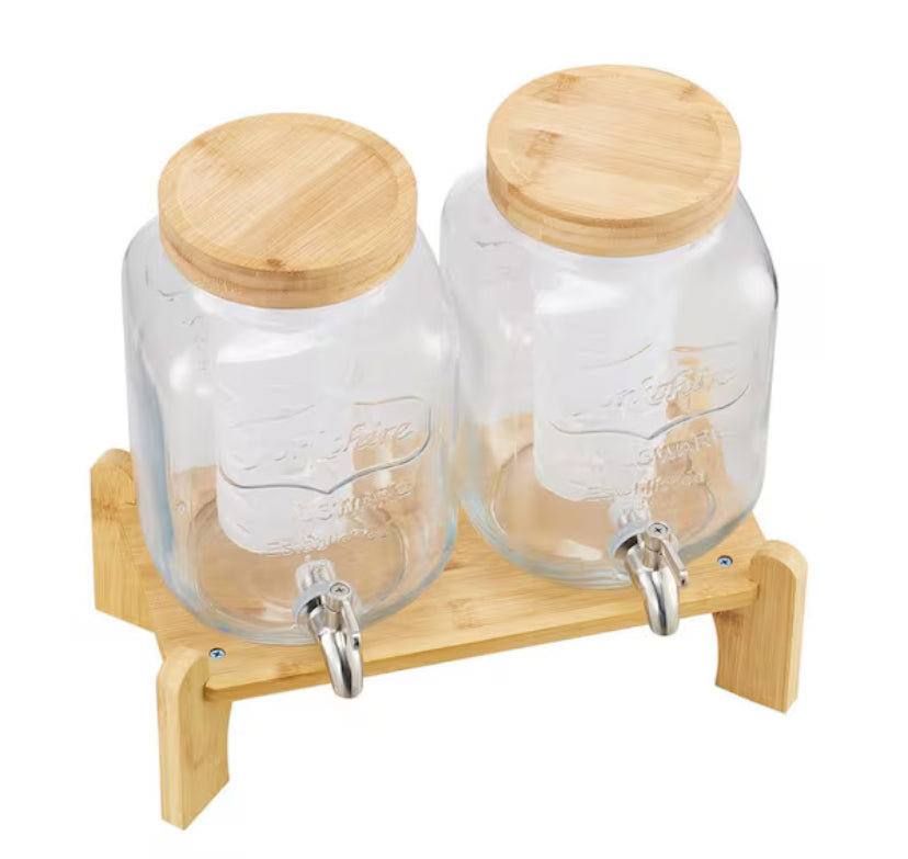 2 Pack 1 Gal. Beverage Dispenser for Parties, Glass with Wood Stand, Stainless Spigot, Infuser, Iced Tea, Lemonade