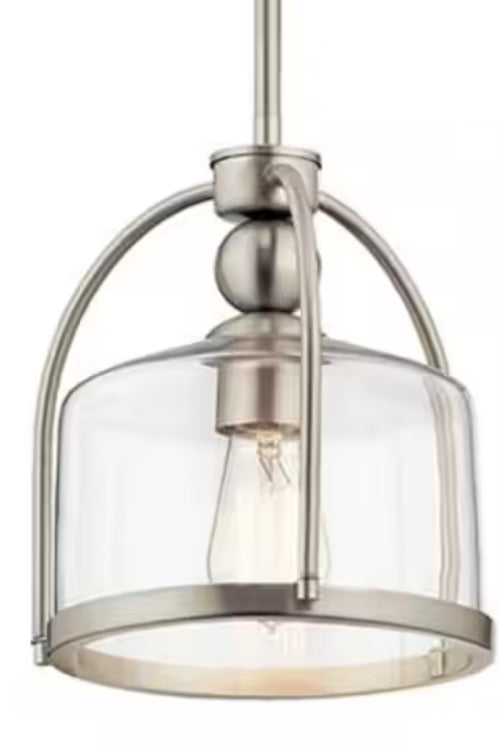 1-Light Brushed Nickel Transitional Shaded Kitchen Mini Pendant Hanging Light with Clear Glass