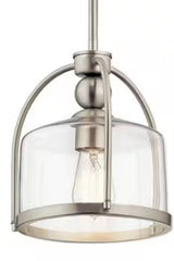 1-Light Brushed Nickel Transitional Shaded Kitchen Mini Pendant Hanging Light with Clear Glass