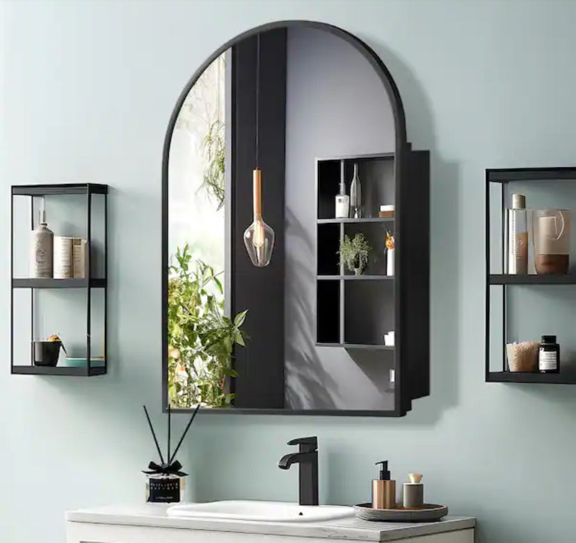 24 in. W x 36 in. H Arched Recessed/Surface Mount Medicine Cabinet with Mirror in Black