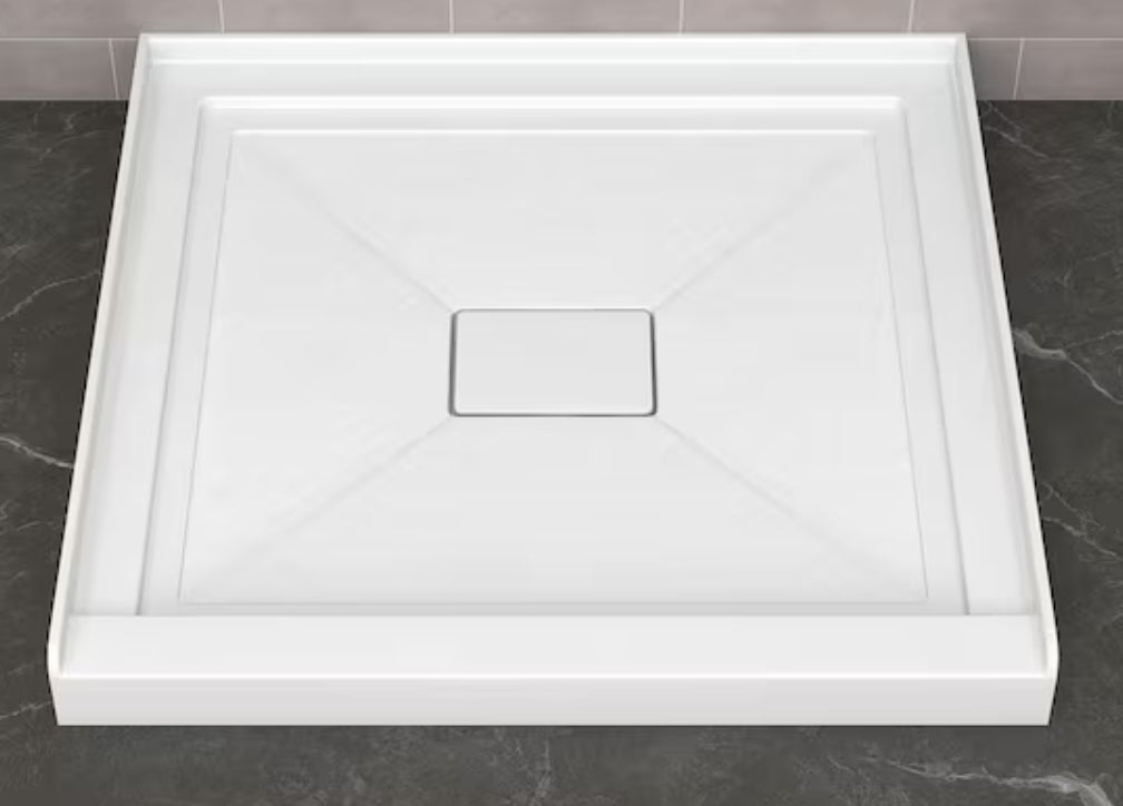 34 in. L x 34 in. W Alcove Shower Pan Base with Center Drain Hole and Magnetic Cover in White Square Shower Base
