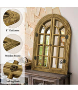 24 in. W x 36 in. H Farmhouse Arched Brown Wood Framed Windowpane Wall Mirror