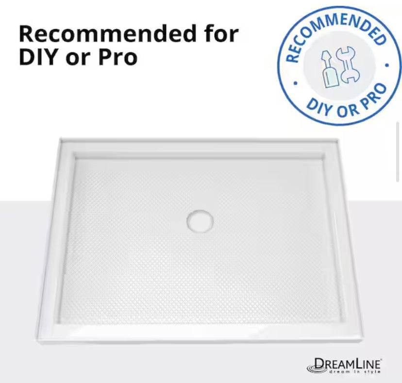 ShowerCast 60 in. x 30 in. Single Threshold Shower Pan in White with Modern Square Chrome Shower Drain Cover Left Drain
