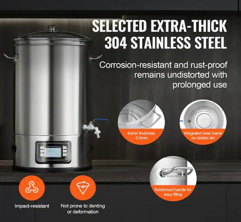 Electric Brewing System, 8 Gallon All-in-One Home Beer Brewer, 304 Stainless Steel Stock Pot with Glass Lid, Handle