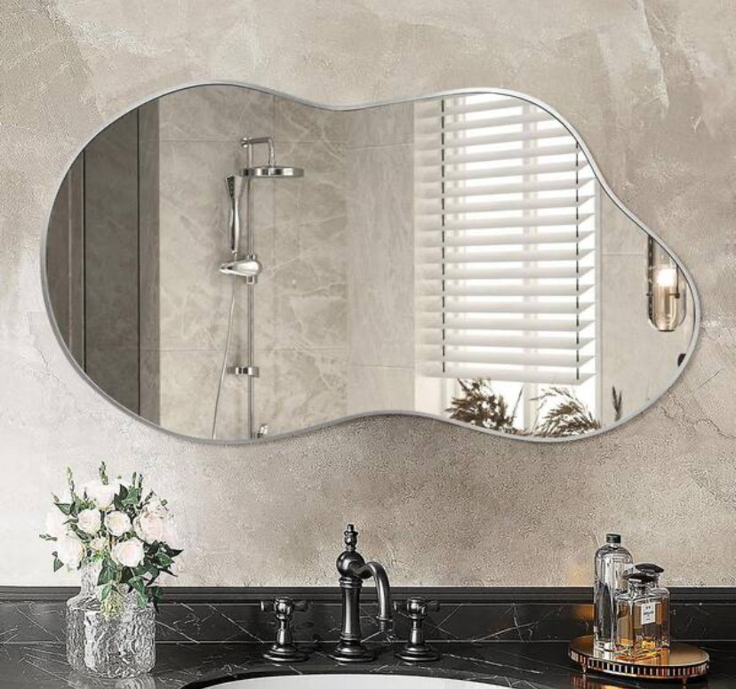46 in. W. x 26 in. H Irregular Silver Aluminum Alloy Framed Wall Mirror Asymmetrical Wall Mirror