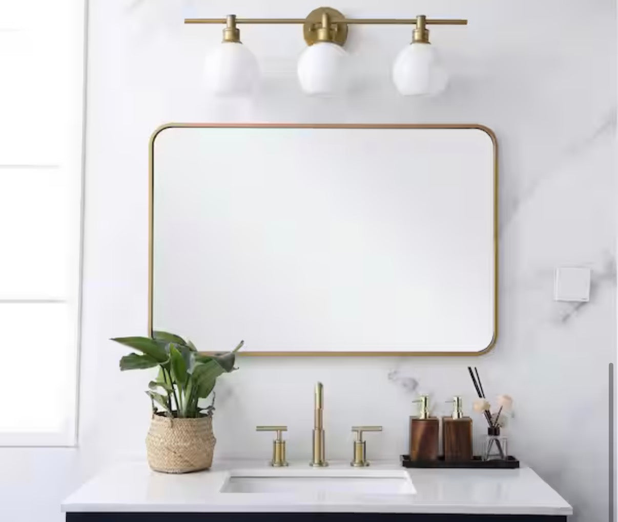 Timeless Home 24 in. W x 36 in. H x modern Soft Corner Metal Rectangle Brass Mirror