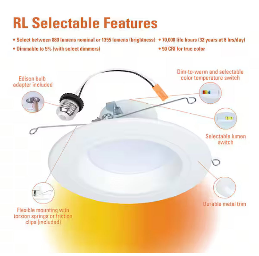 RL56 Series 5/6 in. Recessed LED retrofit module Selectable CCT and Lumens, Integrated LED Matte White