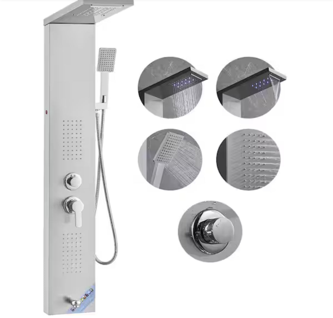 Shower Panel System 5 Shower Modes LED Shower Panel Tower Rainfall Waterfall 2 Body Massage Jets Handheld Shower Head