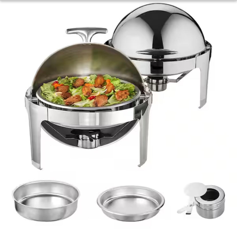 6 Qt. Roll Top Chafing Dish Set, 2-Pack, Stainless Steel Chafer, Full-Size Pans, Catering Warmer, Lid, Fuel Holder
