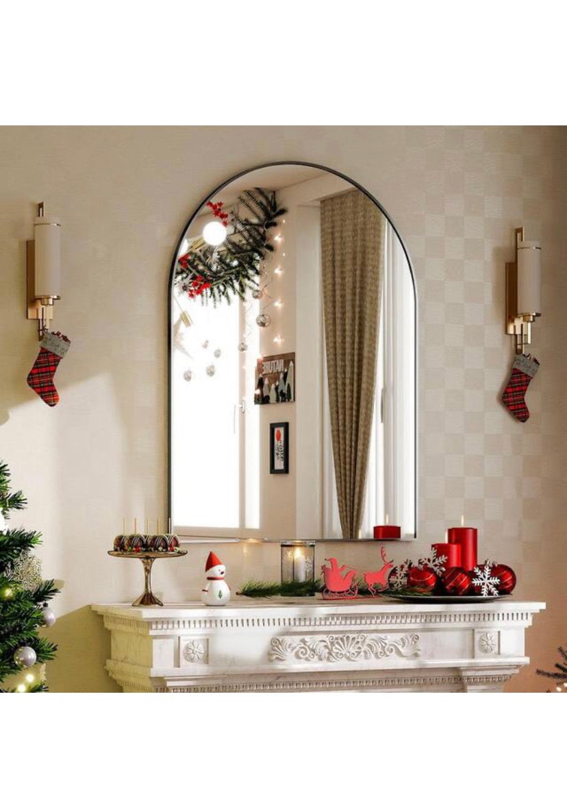 26 in. W x 38 in. H Arched Black Aluminum Alloy Framed Wall Mirror