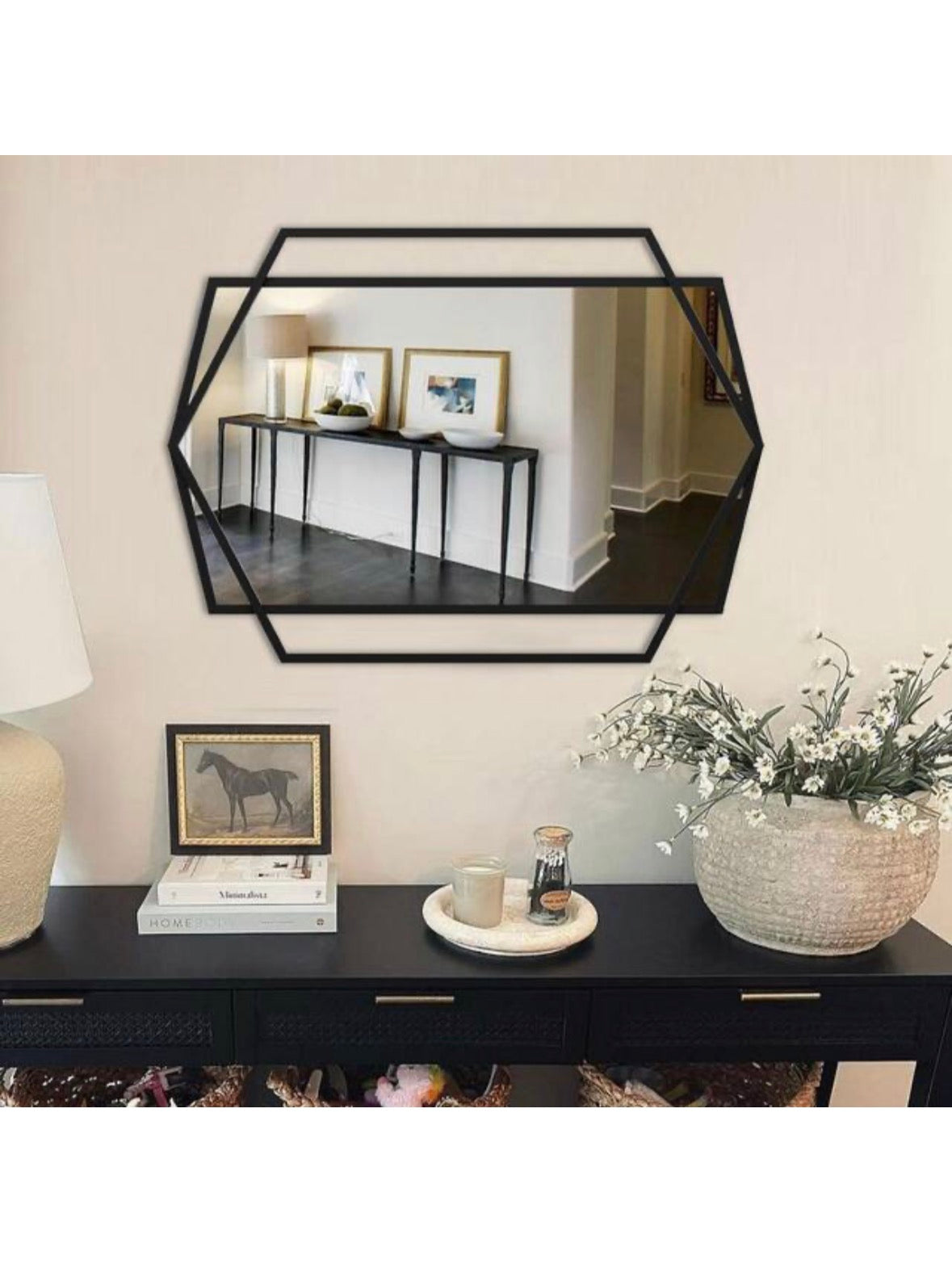 23 in. W x 32 in. H Hexagonal Rectangular Black Metal Frame Decorative Mirror Bathroom Mirror Wall Mirror
