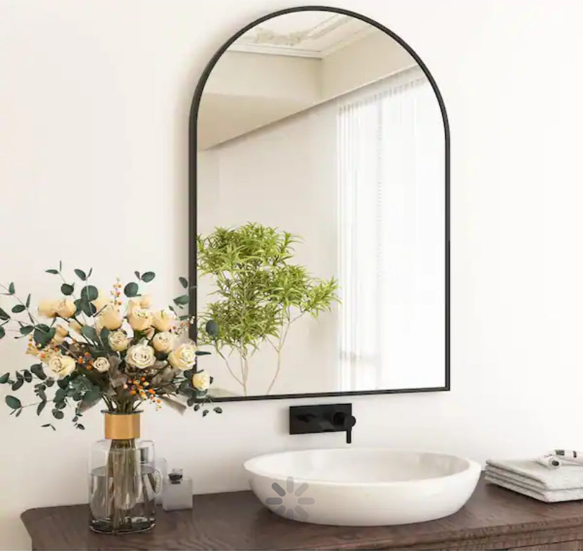 24 in. W x 36 in. H Arched Black Aluminum Alloy Framed Wall Mirror