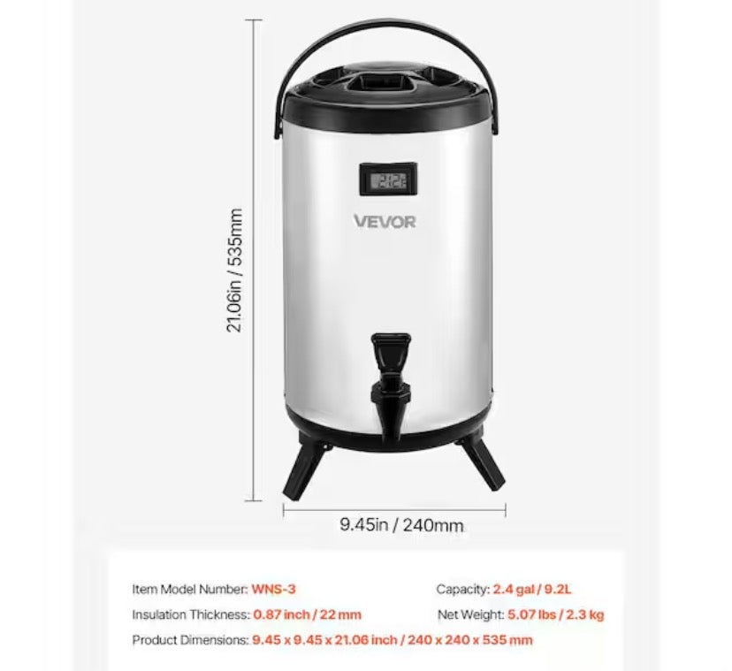 Insulated Beverage Dispenser 2.4 Gal./9.2L Stainless Steel w/ Spigot and Temp Display Hot and Cold Drinks for Tea/Coffee