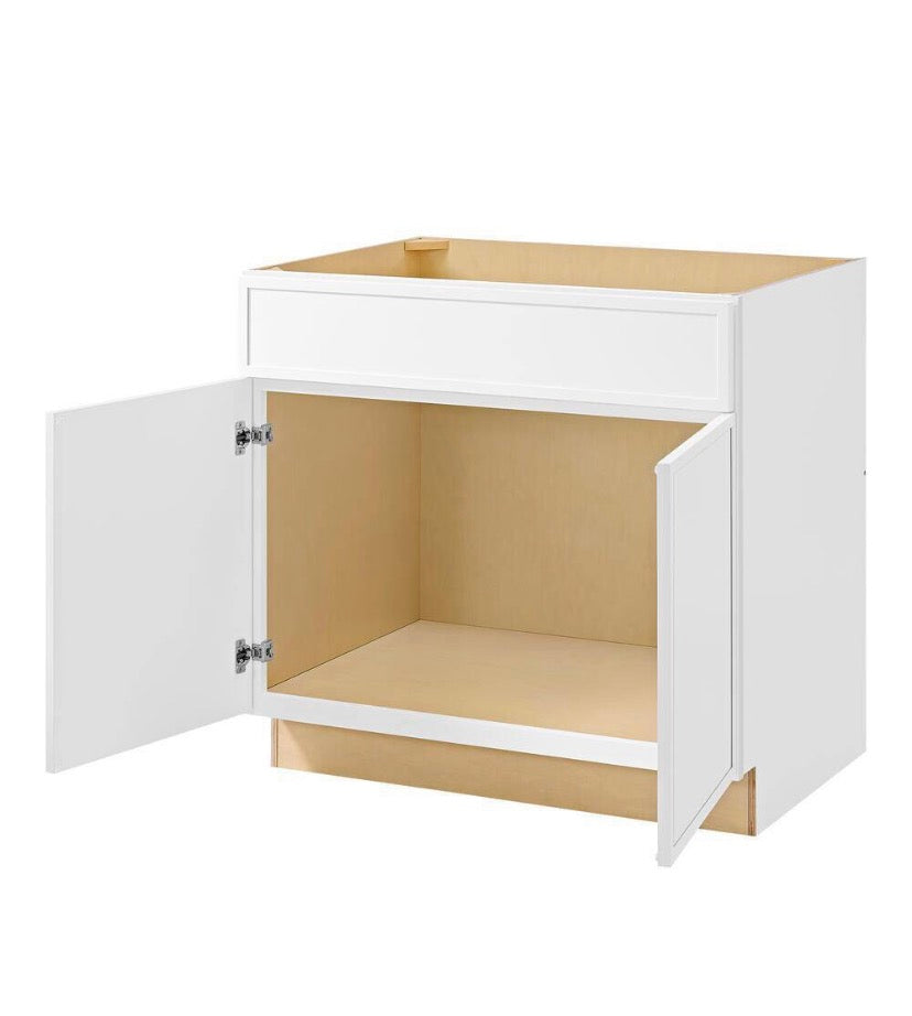 Leyton 36 in. W x 24 in. D x 34.5 in. H Ready to Assemble Plywood Slim Shaker Sink Base Kitchen Cabinet in Alpine White