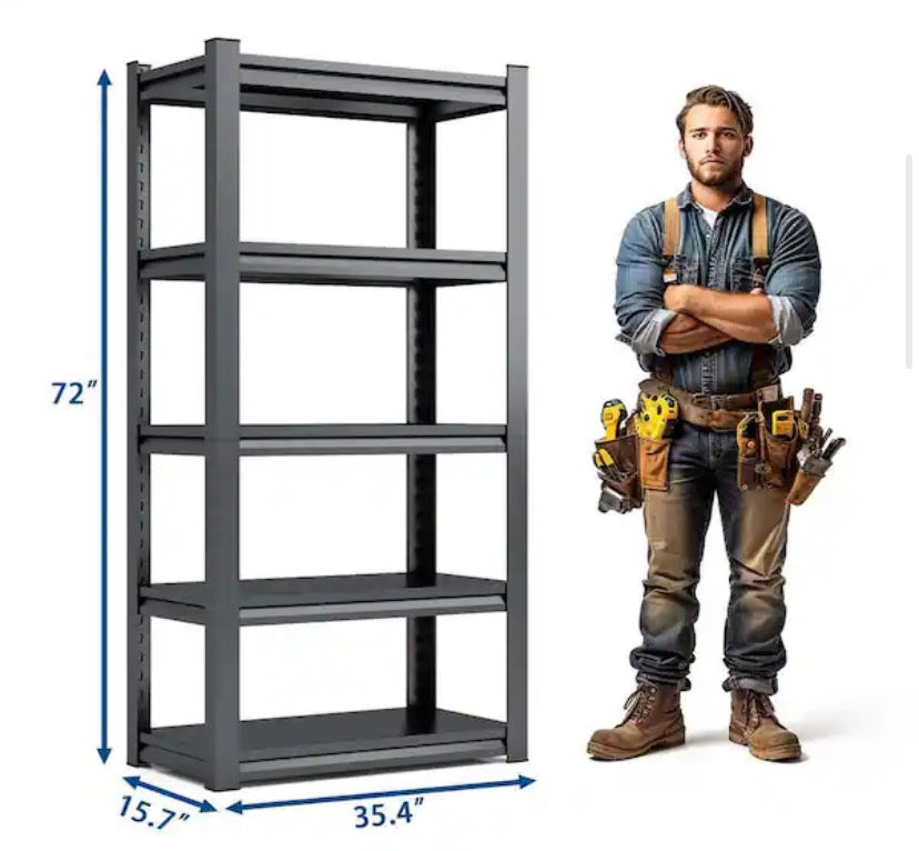 5-Tier Heavy Duty Storage Rack With Adjustable Height, Reinforced layer, Metal Garage Shelving - 36 x 16 x 72 Black