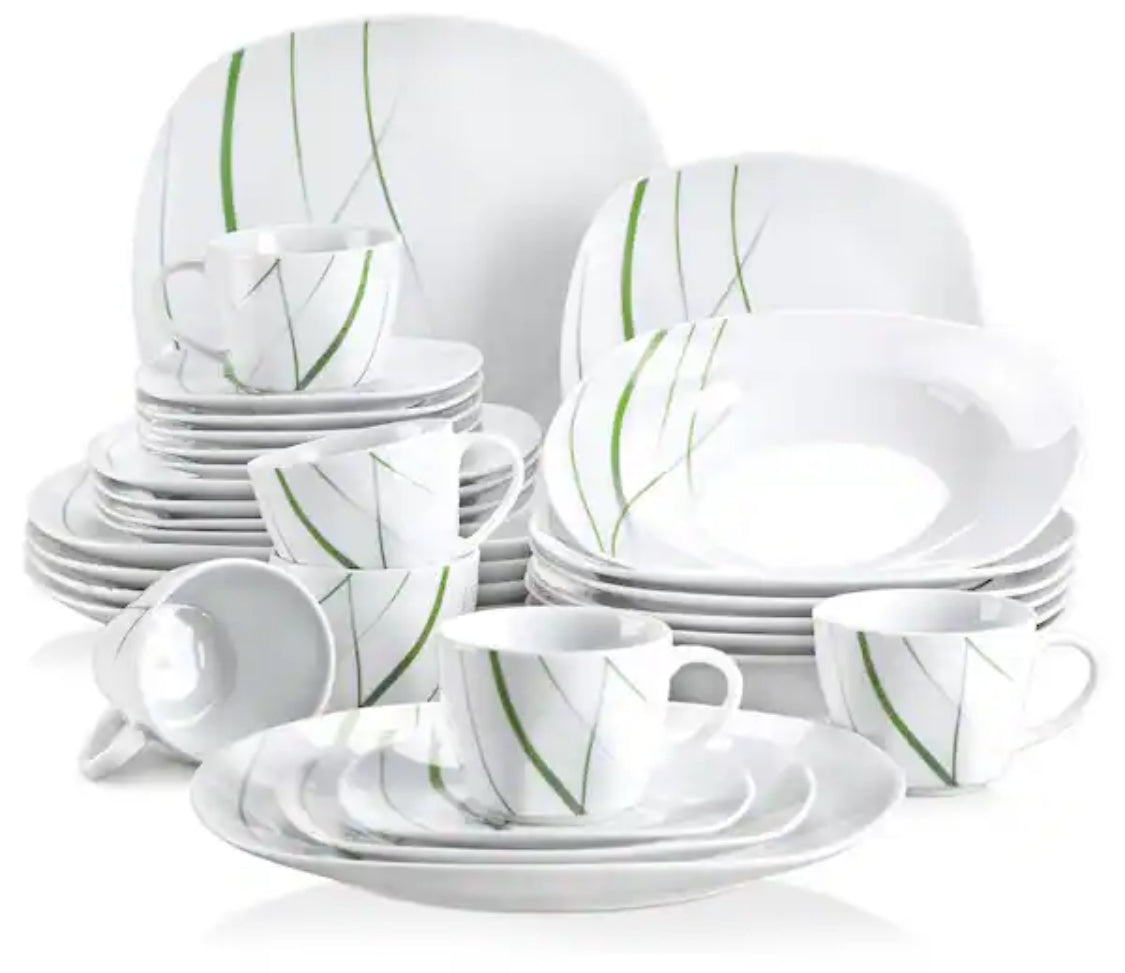 Aviva 30-Piece Modern Ivory White with Green Stripe Porcelain Dinnerware Set (Service for 6)