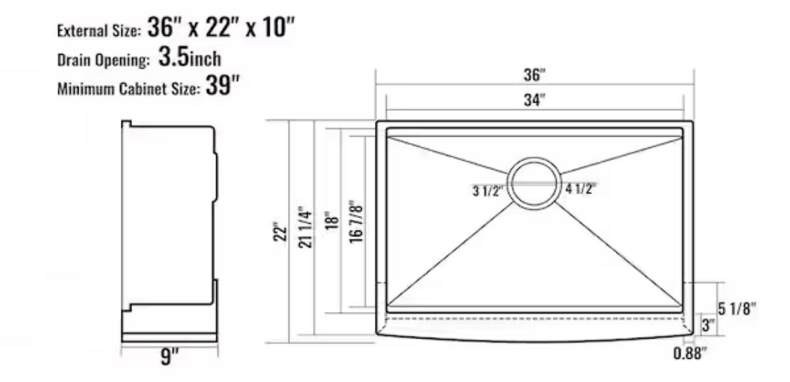 Farmhouse Kitchen Sink 304 Stainless Steel Drop-In Sinks 36 in. Top Mount Single Bowl Basin