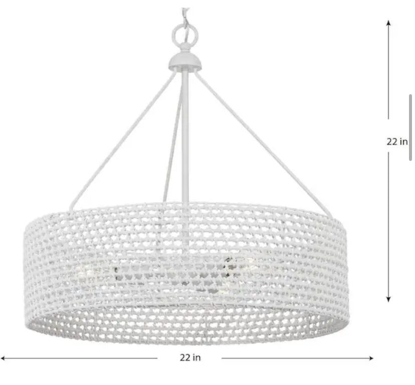 Sugar Reef 22 in. 3-Light Cottage White Coastal Shaded Pendant Light with White Woven Shade