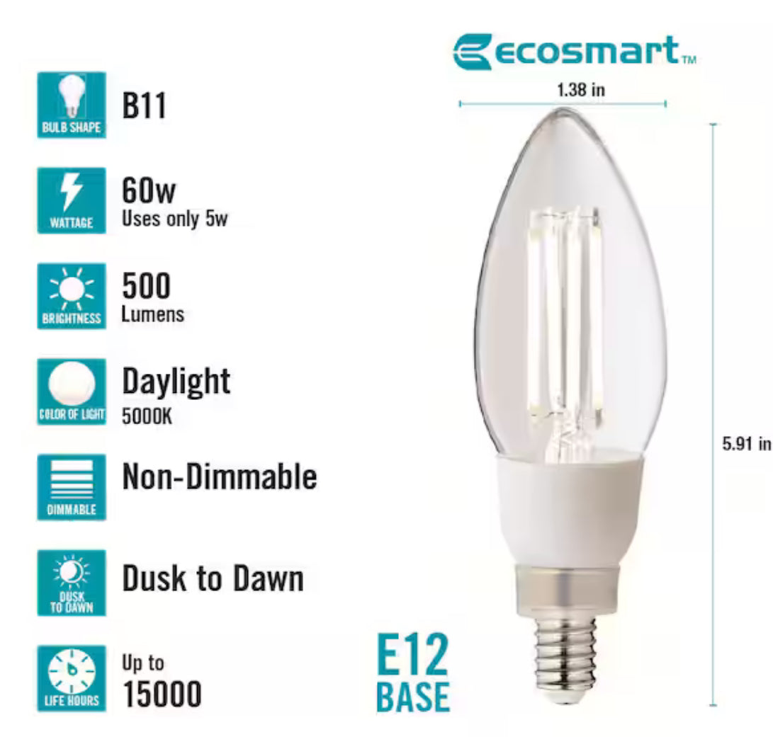 60-Watt Equivalent B11 E12 Candelabra CEC Cage Filament Dusk to Dawn LED Vintage Edison Light Bulb Daylight (3-Pack)