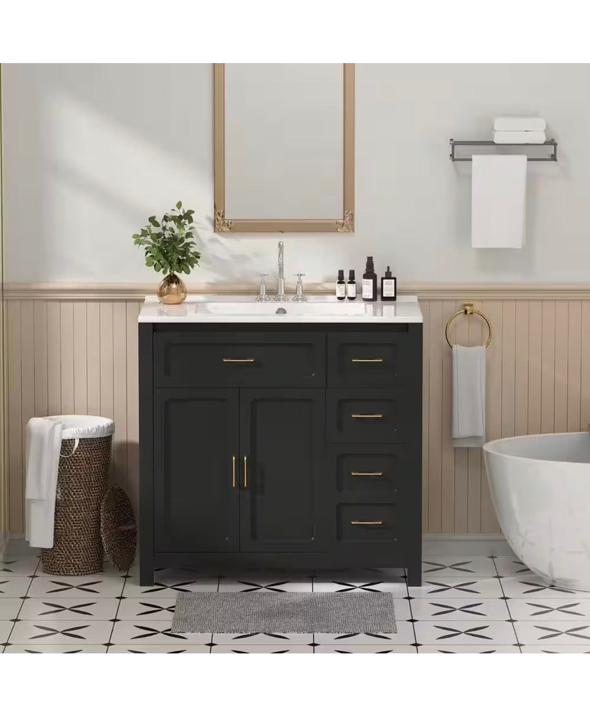 36 in. Single Sink Freestanding Black Bath Vanity with White Ceramic Top Unassembled
