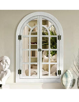 24 in. W x 36 in. H Farmhouse Arched White Washed Wood Framed Windowpane Wall Mirror