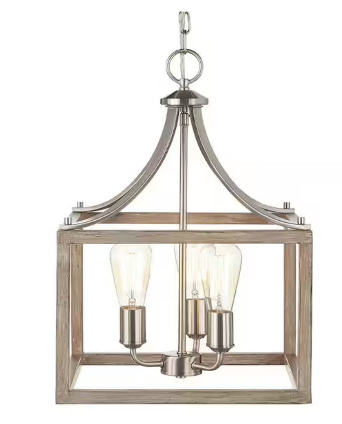 Boswell Quarter 14 in. 3-Light Brushed Nickel Farmhouse Square Chandelier with Painted Weathered Gray Wood Accents