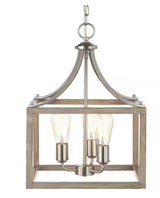 Boswell Quarter 14 in. 3-Light Brushed Nickel Farmhouse Square Chandelier with Painted Weathered Gray Wood Accents
