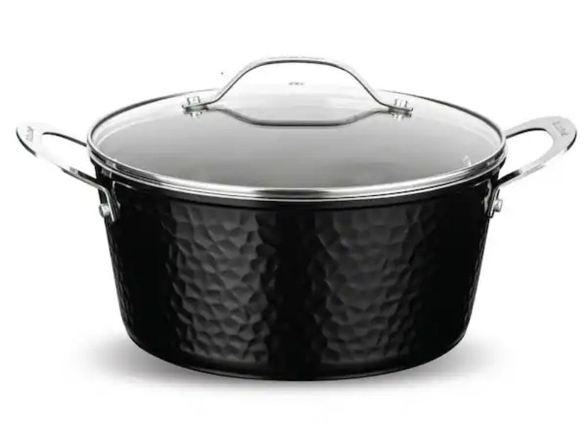 Hammered Black 5 qt. Aluminum Non-Stick Stock Pot with Glass Lid